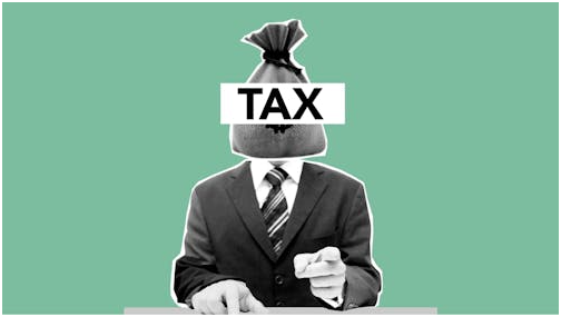An illustration of a man with a money bag of taxes on his neck