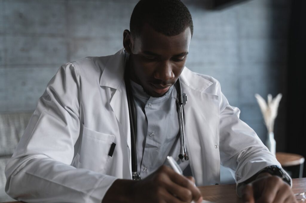 American doctor in a lab coat
